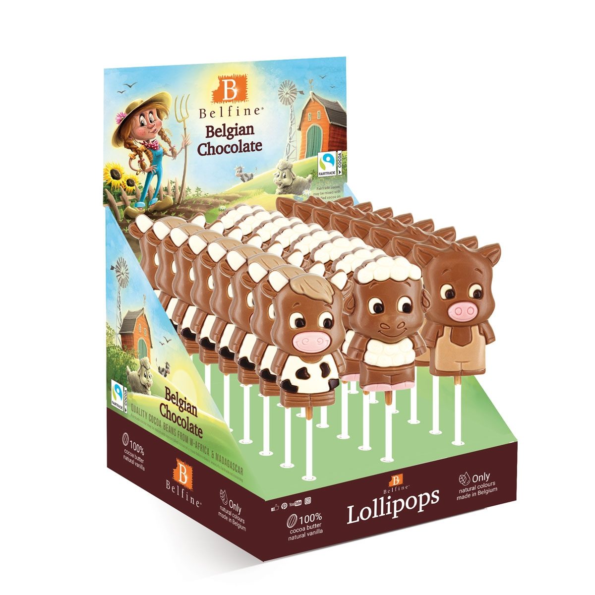 Belfine - 'Belgian Choc Lollipop' Farm Animals (24x35g) - Auguste Noel Ltd